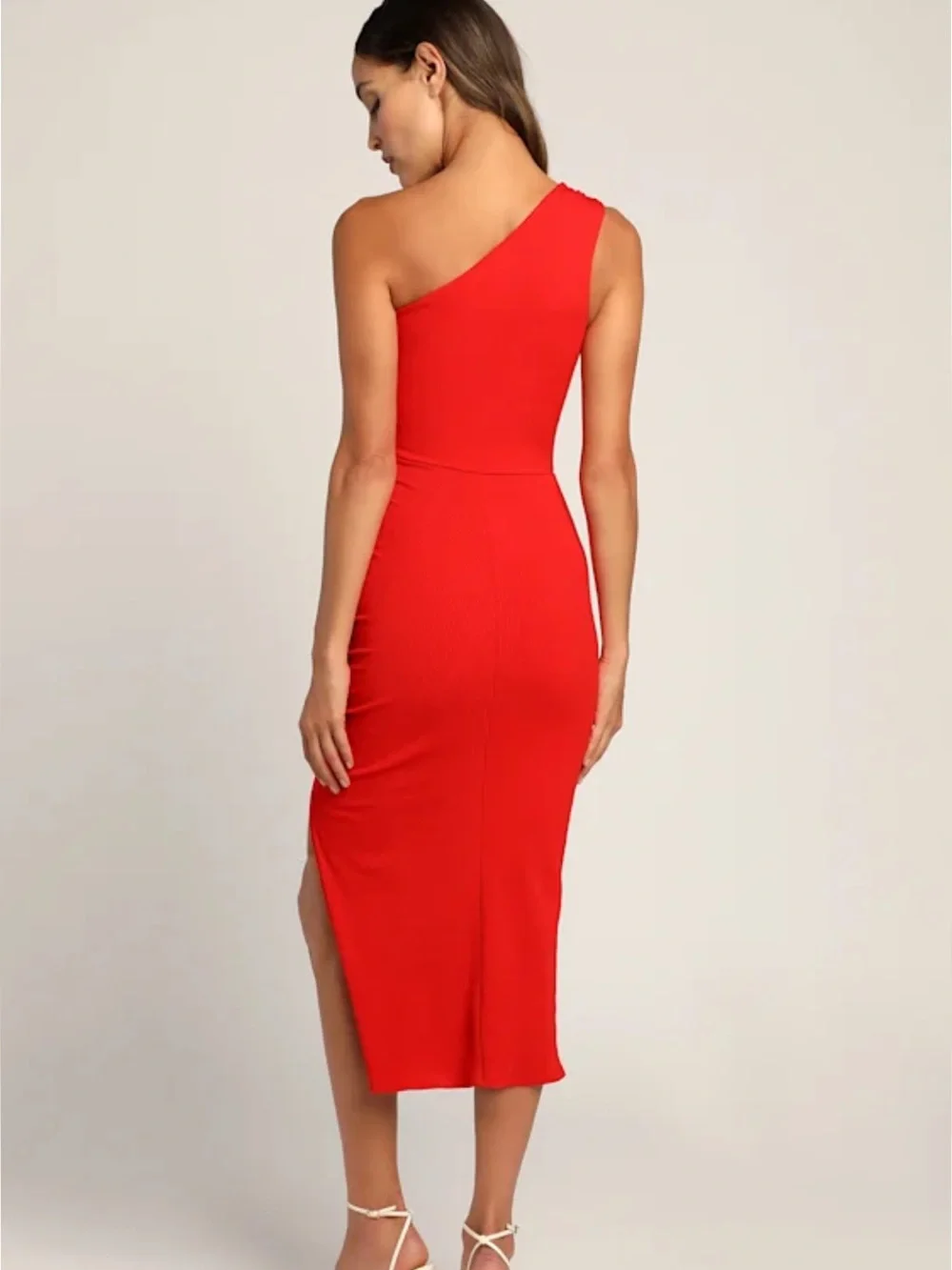 Lulus Centered on Style Red One-Shoulder Bodycon Ribbed Midi Dress Ruched Slit - Picture 4 of 13
